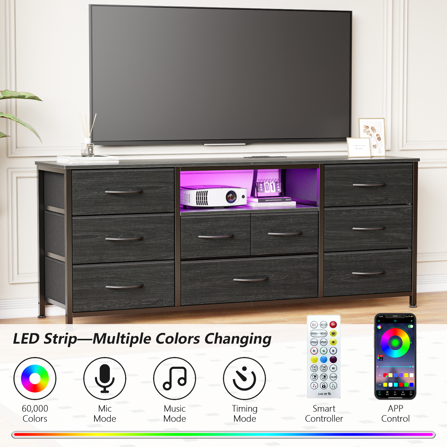 9 Drawer Dresser, 55” Long TV Stand for Bedroom, Entertainment Center with Power Outlet & LED Light for 55"-65" TV, White Dresser with Fabric Storage Drawers for Closet