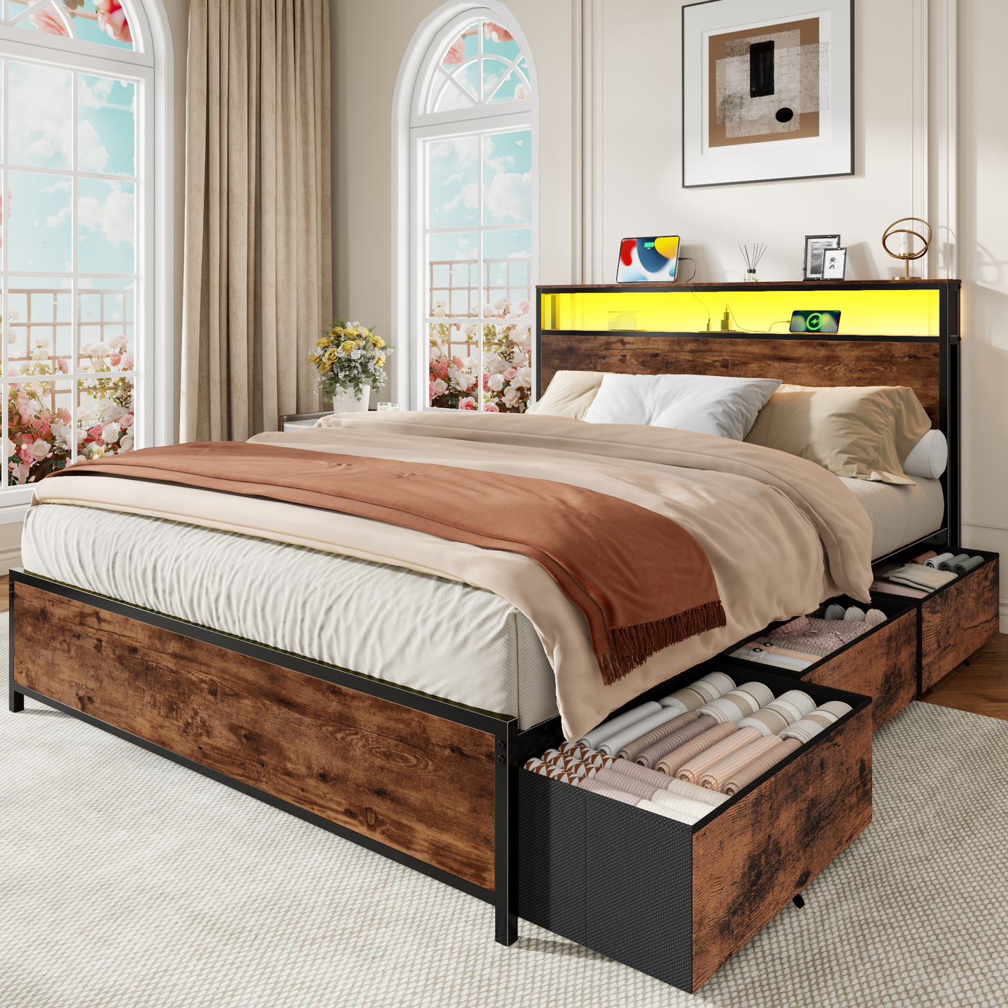 Queen Bed Frames with Wood Storage Headboard and Charging Station & LED Light, All-Metal Support System, No Noise Retro Brown
