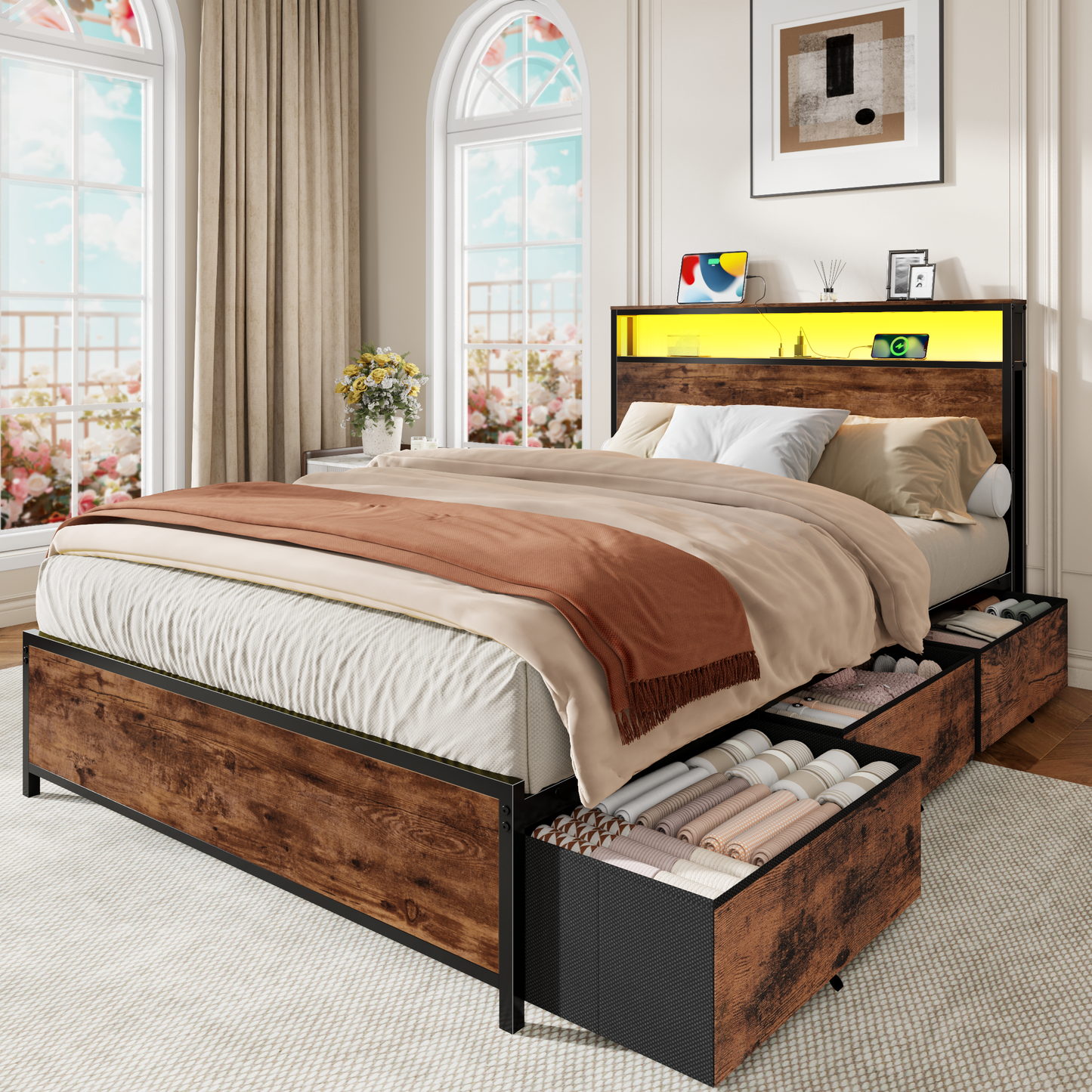 Full Size Bed Frame with Wood Headboard Storage & Charging Station