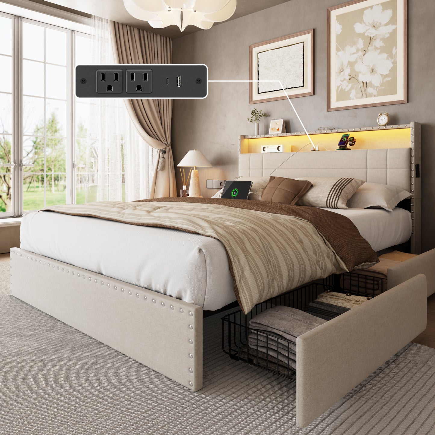Queen Bed Frame with 2-Tier Storage Headboard, Upholstered Platform Bed with 4 Drawers, Built in LED Lights & Charging Station, Metal Slats Support, No Box Spring Needed, Beige
