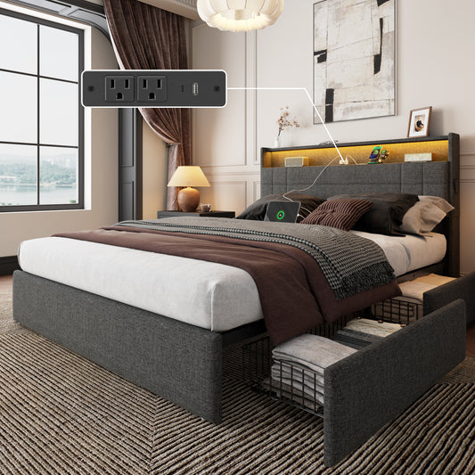 Queen Bed Frame with with 4 Storage Drawers, Upholstered Platform Bed with 2-Tier Headboard, Built in LED Lights & Charging Station, Metal Slats Support, No Box Spring Needed, Dark Gray