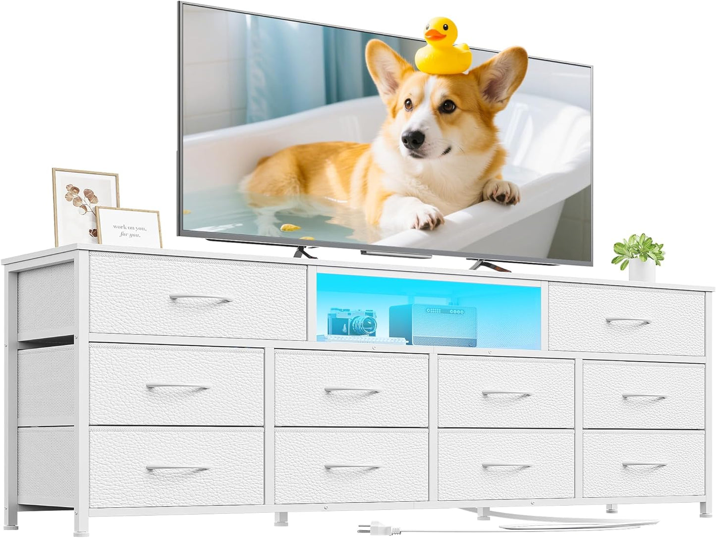 Long Dresser for Bedroom, TV Stand for 65 to 75 inch TV, White Dresser with 10 Fabric Drawers, Chest of Drawer for Closet, Entertainment Center with Power Outlet & LED Light