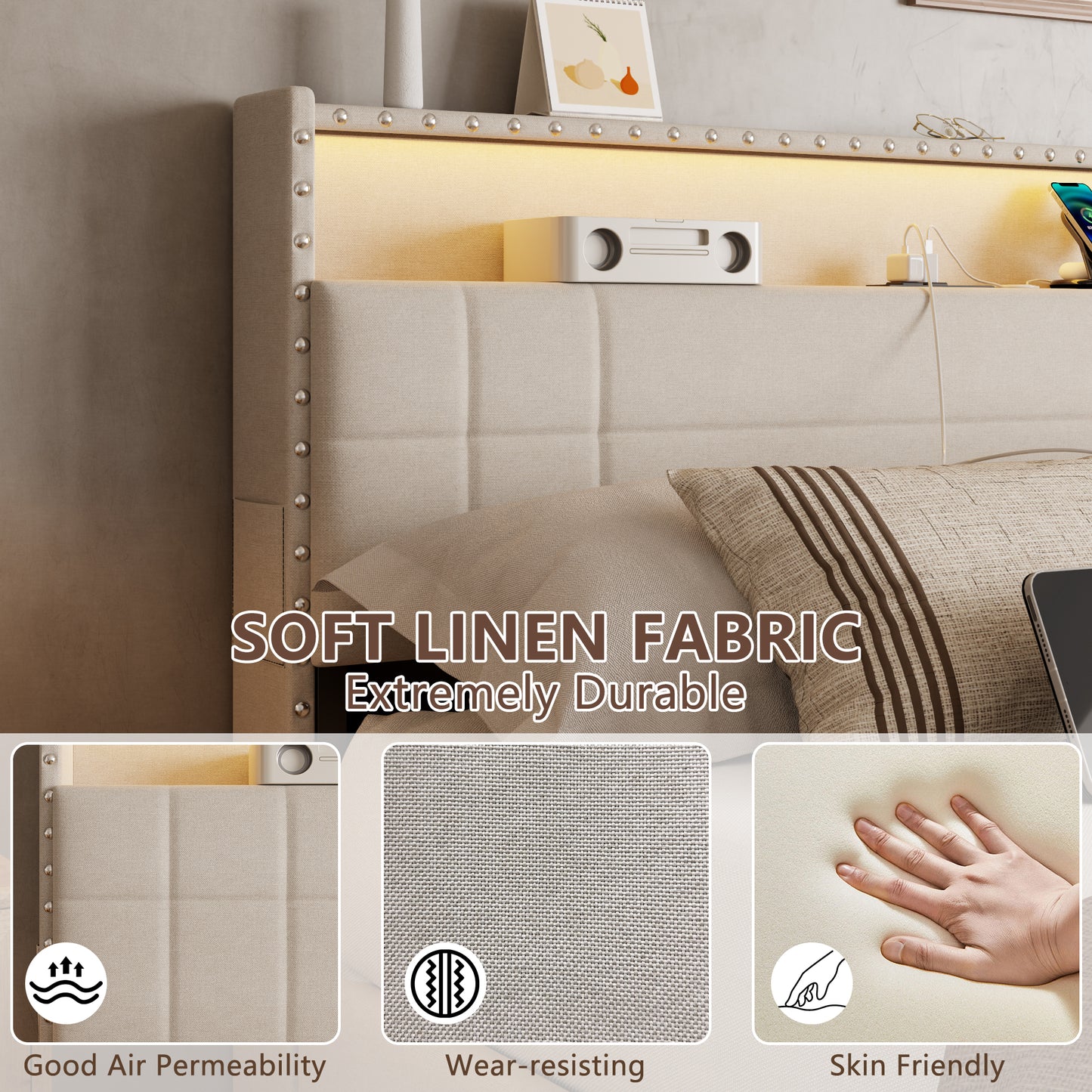 Queen Bed Frame with 2-Tier Storage Headboard, Upholstered Platform Bed with 4 Drawers, Built in LED Lights & Charging Station, Metal Slats Support, No Box Spring Needed, Beige