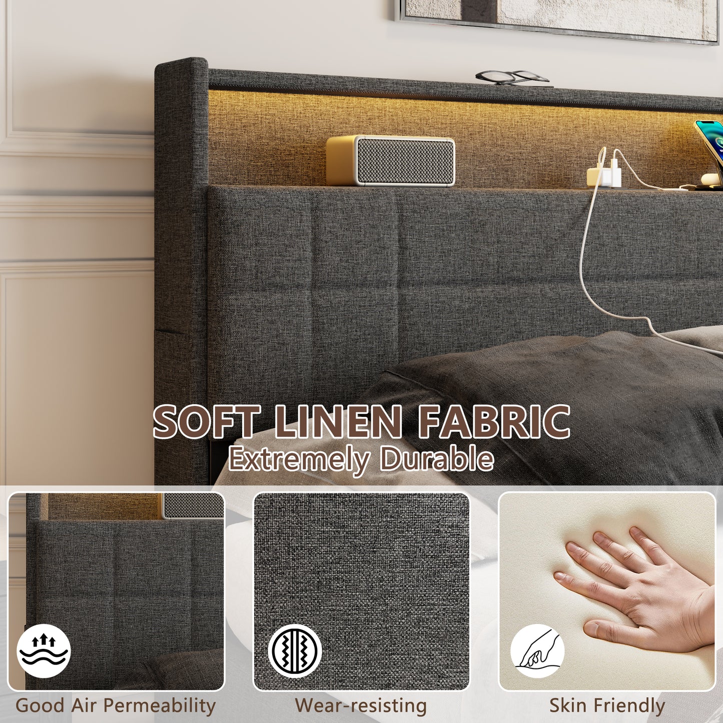 Queen Bed Frame with with 4 Storage Drawers, Upholstered Platform Bed with 2-Tier Headboard, Built in LED Lights & Charging Station, Metal Slats Support, No Box Spring Needed, Dark Gray