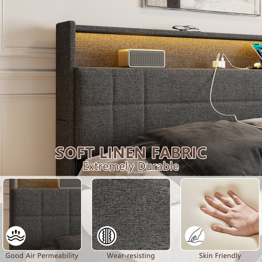 Queen Bed Frame with with 4 Storage Drawers, Upholstered Platform Bed with 2-Tier Headboard, Built in LED Lights & Charging Station, Metal Slats Support, No Box Spring Needed, Dark Gray