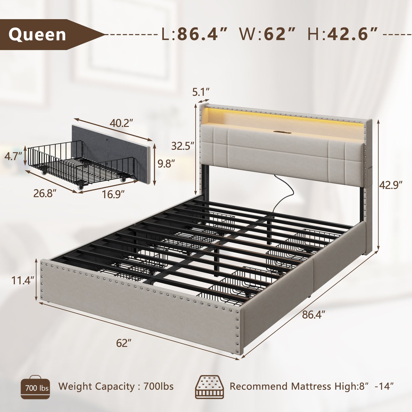 Queen Bed Frame with 2-Tier Storage Headboard, Upholstered Platform Bed with 4 Drawers, Built in LED Lights & Charging Station, Metal Slats Support, No Box Spring Needed, Beige