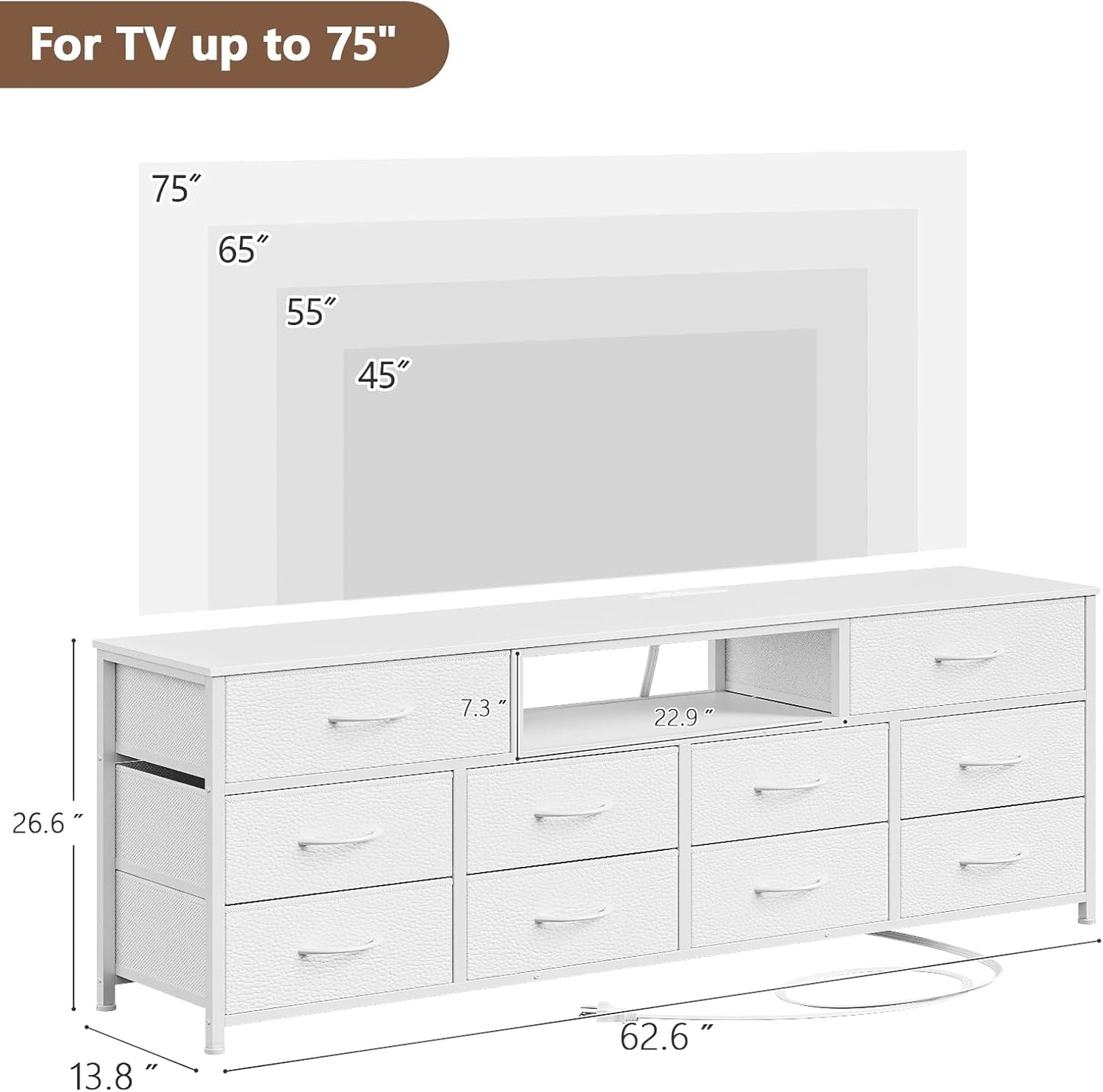 Long Dresser for Bedroom, TV Stand for 65 to 75 inch TV, White Dresser with 10 Fabric Drawers, Chest of Drawer for Closet, Entertainment Center with Power Outlet & LED Light