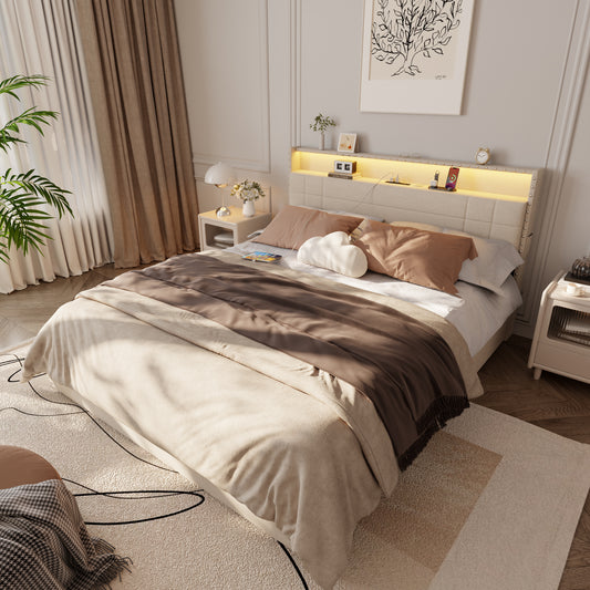 Queen Bed Frame with 2-Tier Storage Headboard, Upholstered Platform Bed with 4 Drawers, Built in LED Lights & Charging Station, Metal Slats Support, No Box Spring Needed, Beige