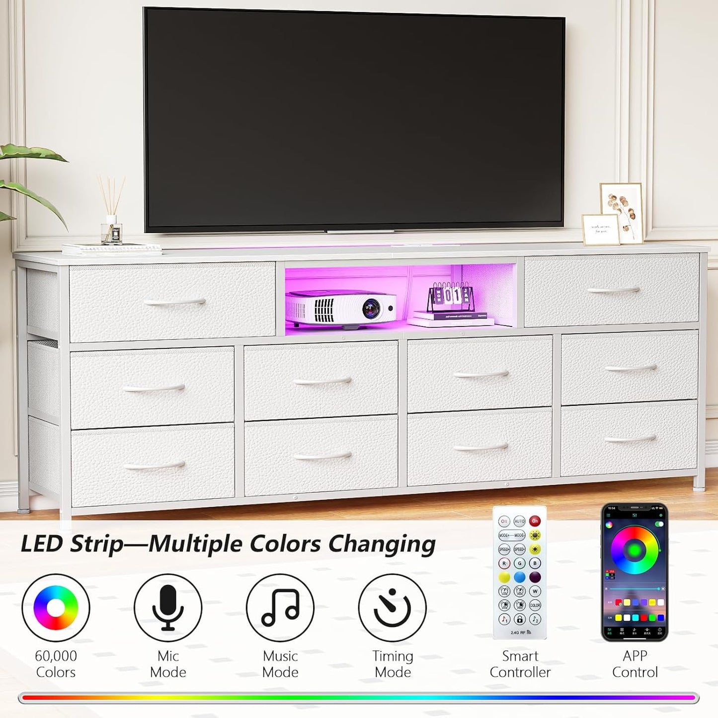 Long Dresser for Bedroom, TV Stand for 65 to 75 inch TV, White Dresser with 10 Fabric Drawers, Chest of Drawer for Closet, Entertainment Center with Power Outlet & LED Light