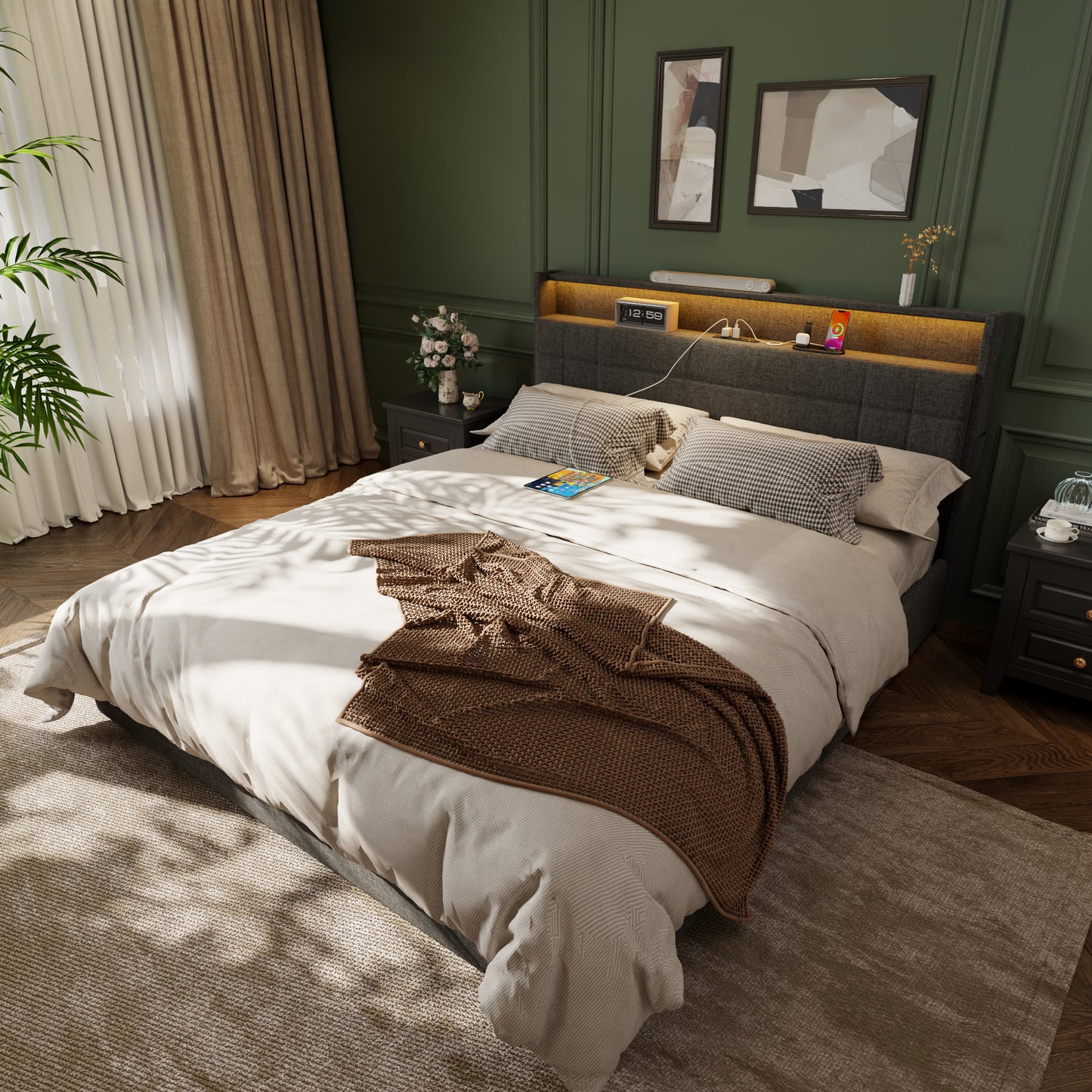 Queen Bed Frame with with 4 Storage Drawers, Upholstered Platform Bed with 2-Tier Headboard, Built in LED Lights & Charging Station, Metal Slats Support, No Box Spring Needed, Dark Gray