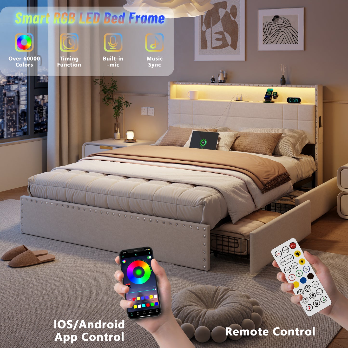 Queen Bed Frame with 2-Tier Storage Headboard, Upholstered Platform Bed with 4 Drawers, Built in LED Lights & Charging Station, Metal Slats Support, No Box Spring Needed, Beige