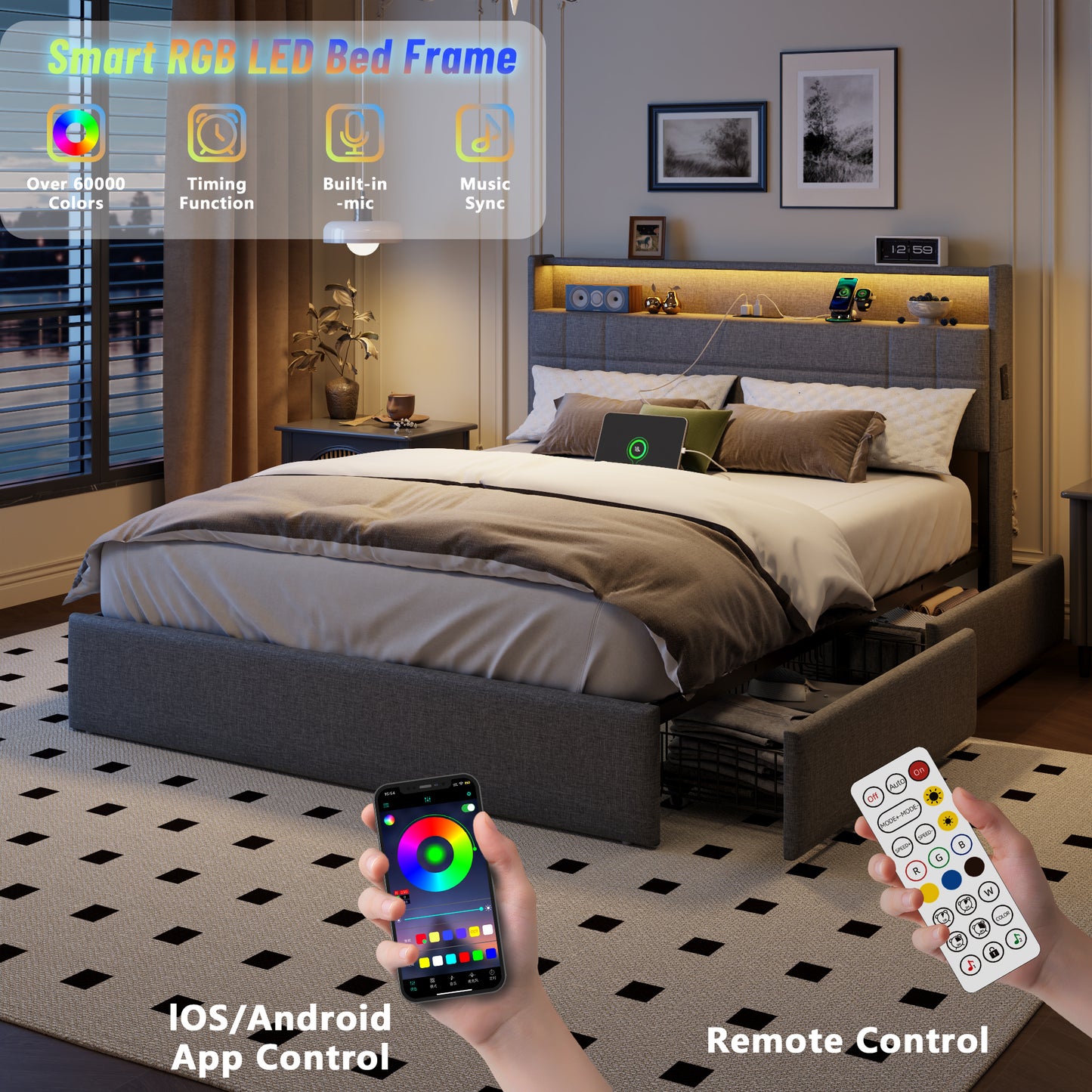 Queen Bed Frame with with 4 Storage Drawers, Upholstered Platform Bed with 2-Tier Headboard, Built in LED Lights & Charging Station, Metal Slats Support, No Box Spring Needed, Dark Gray