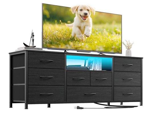 9 Drawer Dresser, 55” Long TV Stand for Bedroom, Entertainment Center with Power Outlet & LED Light for 55"-65" TV, White Dresser with Fabric Storage Drawers for Closet