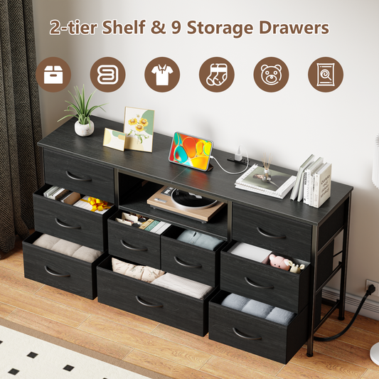 9 Drawer Dresser, 55” Long TV Stand for Bedroom, Entertainment Center with Power Outlet & LED Light for 55"-65" TV, White Dresser with Fabric Storage Drawers for Closet