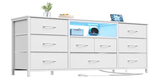 9 Drawer Dresser, 55” Long TV Stand for Bedroom, Entertainment Center with Power Outlet & LED Light for 55"-65" TV, White Dresser with Fabric Storage Drawers for Closet