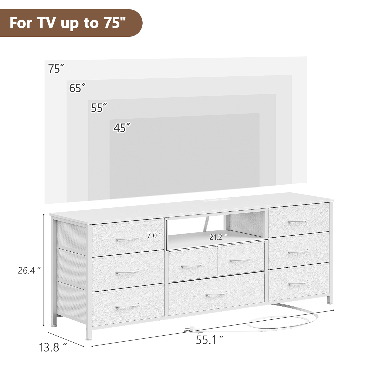 9 Drawer Dresser, 55” Long TV Stand for Bedroom, Entertainment Center with Power Outlet & LED Light for 55"-65" TV, White Dresser with Fabric Storage Drawers for Closet