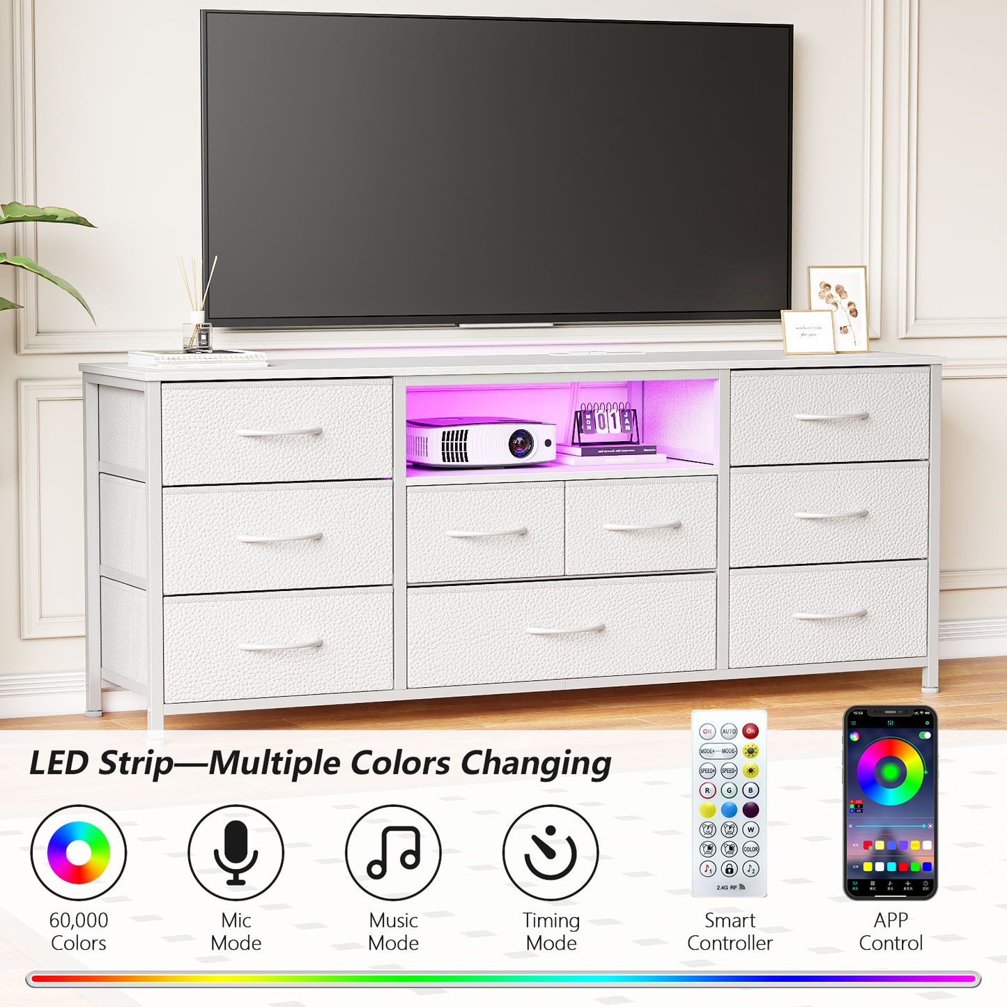 9 Drawer Dresser, 55” Long TV Stand for Bedroom, Entertainment Center with Power Outlet & LED Light for 55"-65" TV, White Dresser with Fabric Storage Drawers for Closet