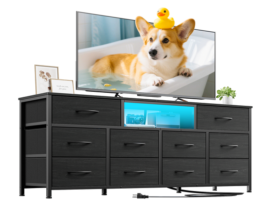 Long Dresser for Bedroom, TV Stand for 55 to 65 inch TV, White Dresser with 10 Fabric Drawers, Chest of Drawer for Closet, Entertainment Center with Power Outlet & LED Light
