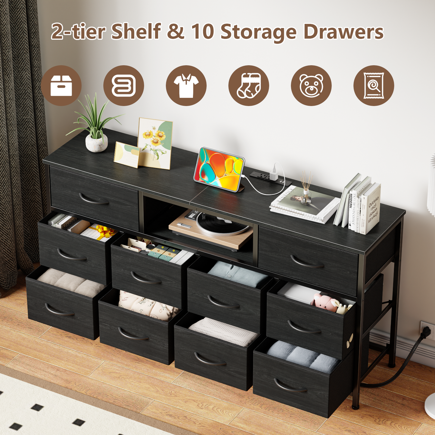 Long Dresser for Bedroom, TV Stand for 55 to 65 inch TV, White Dresser with 10 Fabric Drawers, Chest of Drawer for Closet, Entertainment Center with Power Outlet & LED Light