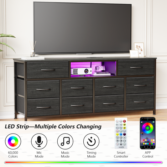 Long Dresser for Bedroom, TV Stand for 55 to 65 inch TV, White Dresser with 10 Fabric Drawers, Chest of Drawer for Closet, Entertainment Center with Power Outlet & LED Light