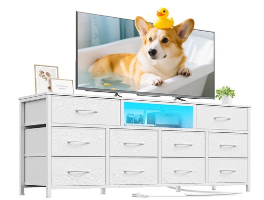 Long Dresser for Bedroom, TV Stand for 55 to 65 inch TV, White Dresser with 10 Fabric Drawers, Chest of Drawer for Closet, Entertainment Center with Power Outlet & LED Light