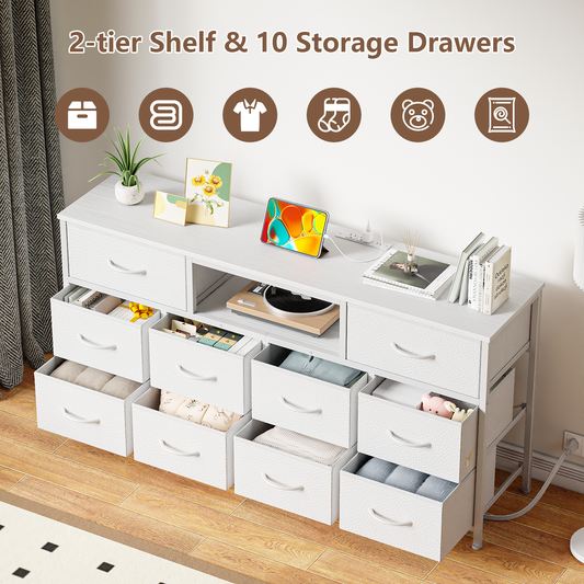 Long Dresser for Bedroom, TV Stand for 55 to 65 inch TV, White Dresser with 10 Fabric Drawers, Chest of Drawer for Closet, Entertainment Center with Power Outlet & LED Light