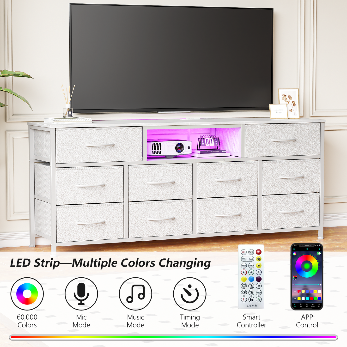 Long Dresser for Bedroom, TV Stand for 55 to 65 inch TV, White Dresser with 10 Fabric Drawers, Chest of Drawer for Closet, Entertainment Center with Power Outlet & LED Light