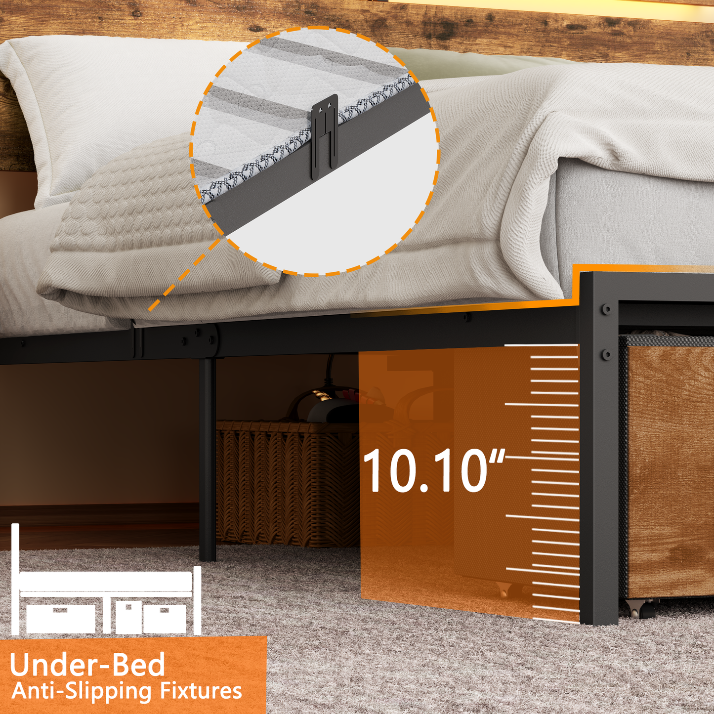 Bed Frames with 2 Fabric Storage Drawers, Wood Storage Headboard with Charging Station & LED Light, All-Metal Support System, No Noise, No Box Spring Needed, Easy Assembly, Retro Brown