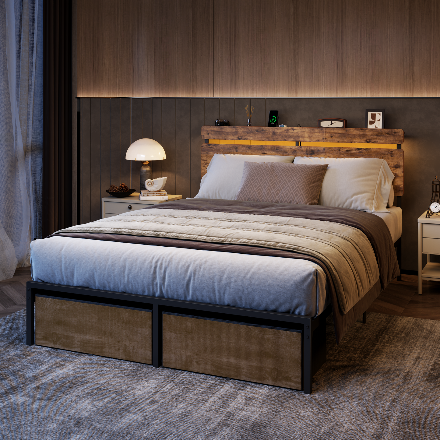Bed Frames with 2 Fabric Storage Drawers, Wood Storage Headboard with Charging Station & LED Light, All-Metal Support System, No Noise, No Box Spring Needed, Easy Assembly, Retro Brown