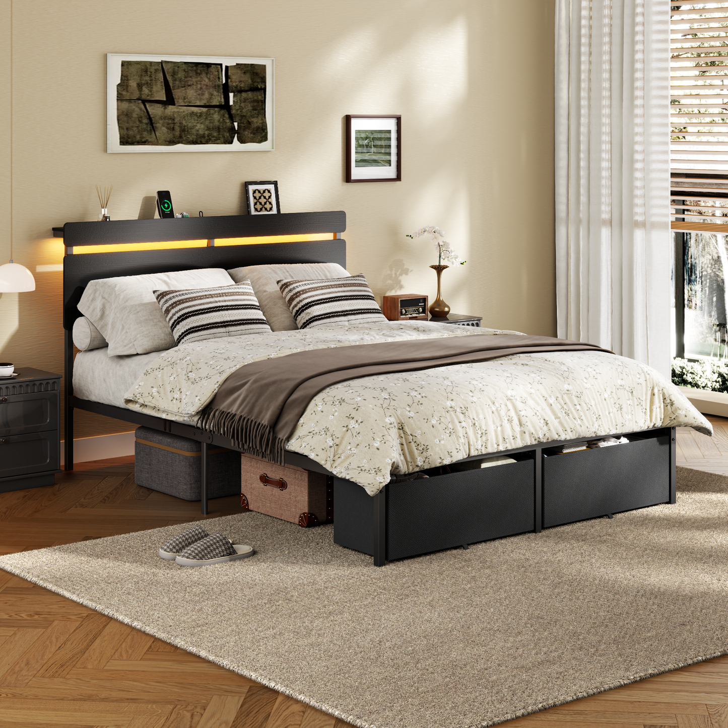 Forestell Full Size Bed Frame with 2 Fabric Storage Drawers, Wood Storage Headboard with Charging Station & LED Light