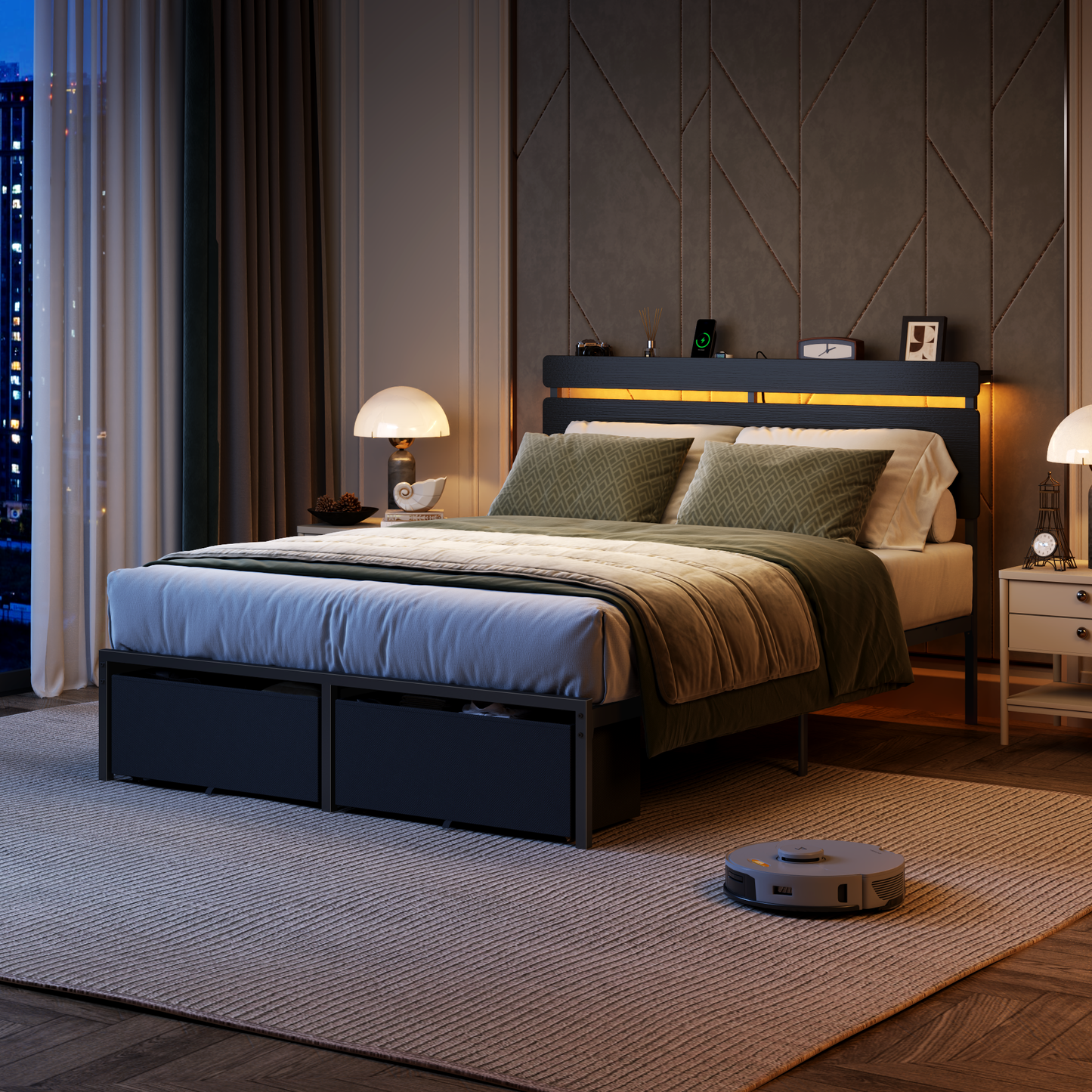 Forestell Full Size Bed Frame with 2 Fabric Storage Drawers, Wood Storage Headboard with Charging Station & LED Light