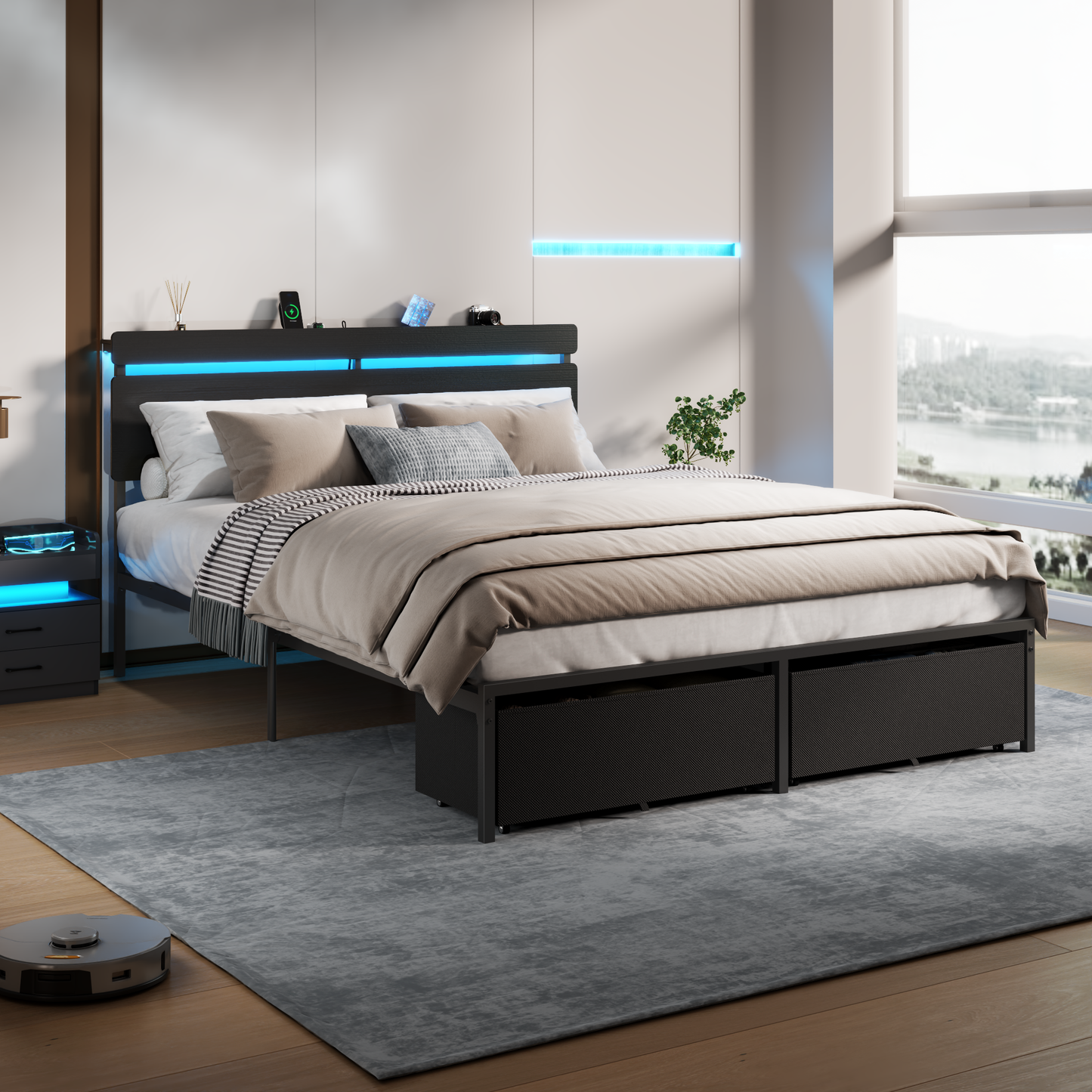 Forestell Full Size Bed Frame with 2 Fabric Storage Drawers, Wood Storage Headboard with Charging Station & LED Light