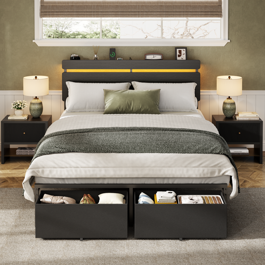 Forestell Full Size Bed Frame with 2 Fabric Storage Drawers, Wood Storage Headboard with Charging Station & LED Light