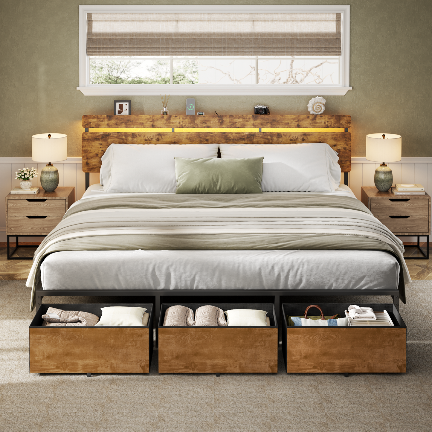 Bed Frames with 2 Fabric Storage Drawers, Wood Storage Headboard with Charging Station & LED Light, All-Metal Support System, No Noise, No Box Spring Needed, Easy Assembly, Retro Brown