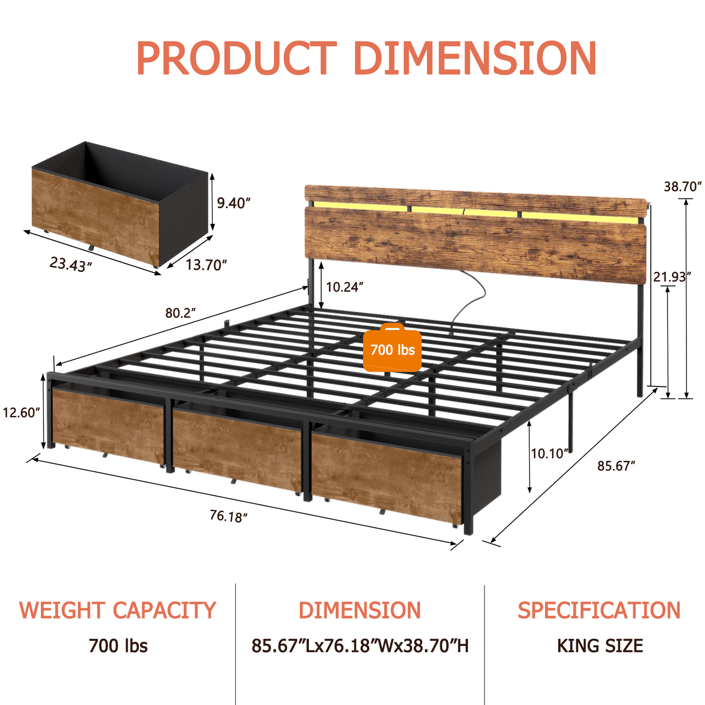 Bed Frames with 2 Fabric Storage Drawers, Wood Storage Headboard with Charging Station & LED Light, All-Metal Support System, No Noise, No Box Spring Needed, Easy Assembly, Retro Brown