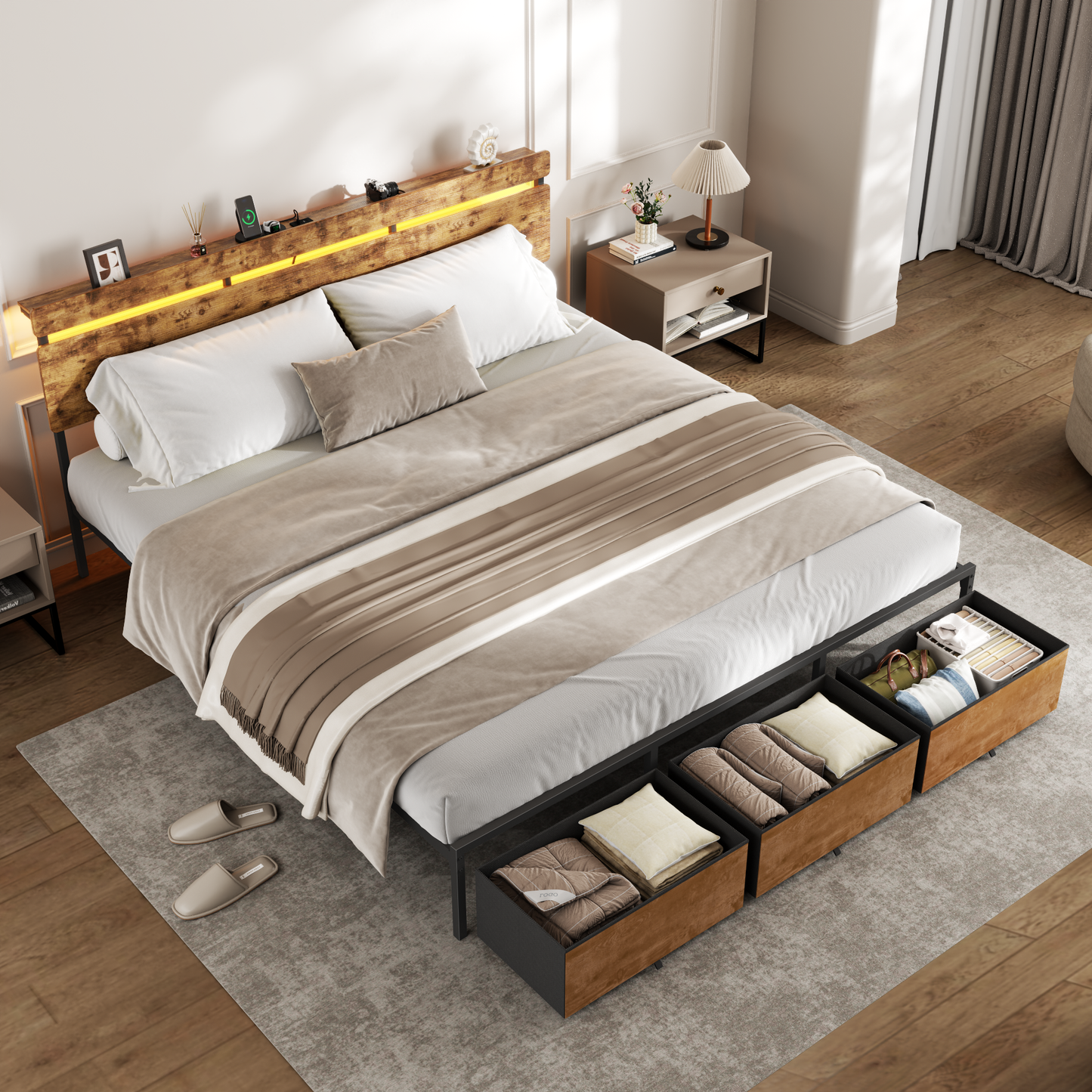Bed Frames with 2 Fabric Storage Drawers, Wood Storage Headboard with Charging Station & LED Light, All-Metal Support System, No Noise, No Box Spring Needed, Easy Assembly, Retro Brown