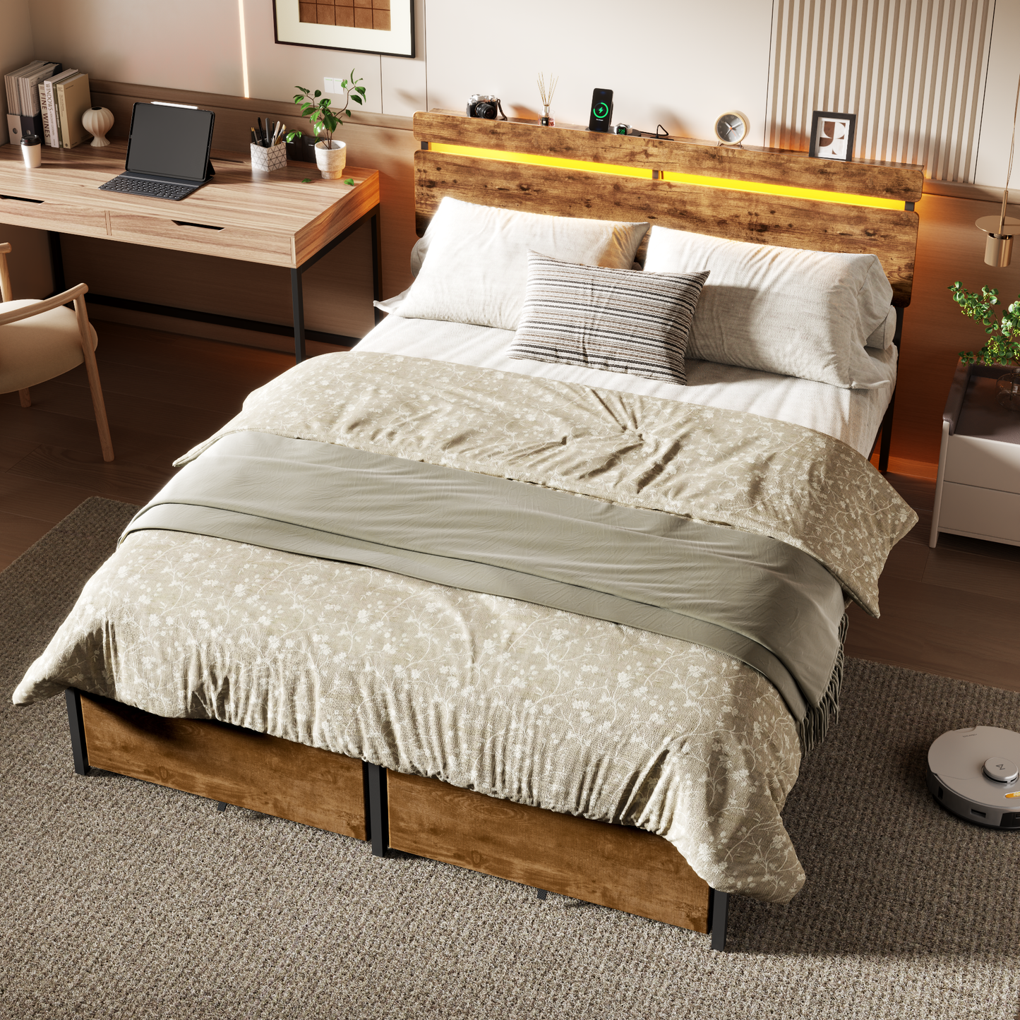 Bed Frames with 2 Fabric Storage Drawers, Wood Storage Headboard with Charging Station & LED Light, All-Metal Support System, No Noise, No Box Spring Needed, Easy Assembly, Retro Brown