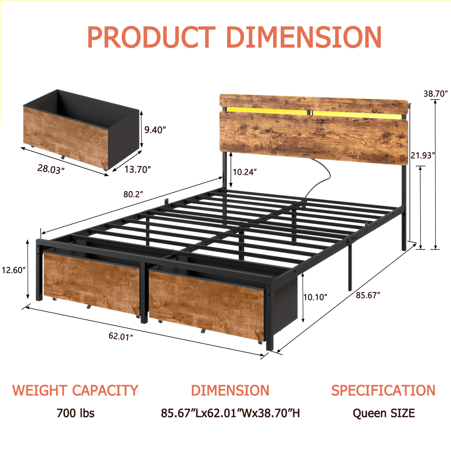 Bed Frames with 2 Fabric Storage Drawers, Wood Storage Headboard with Charging Station & LED Light, All-Metal Support System, No Noise, No Box Spring Needed, Easy Assembly, Retro Brown