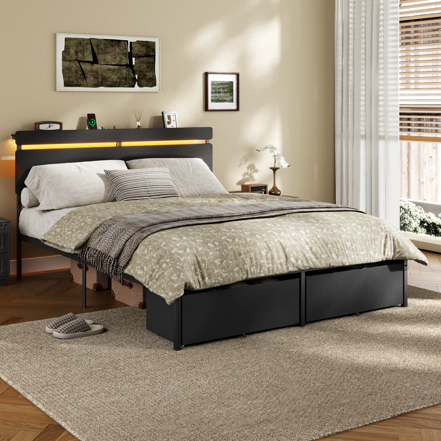 Forestell Full Size Bed Frame with 2 Fabric Storage Drawers, Wood Storage Headboard with Charging Station & LED Light