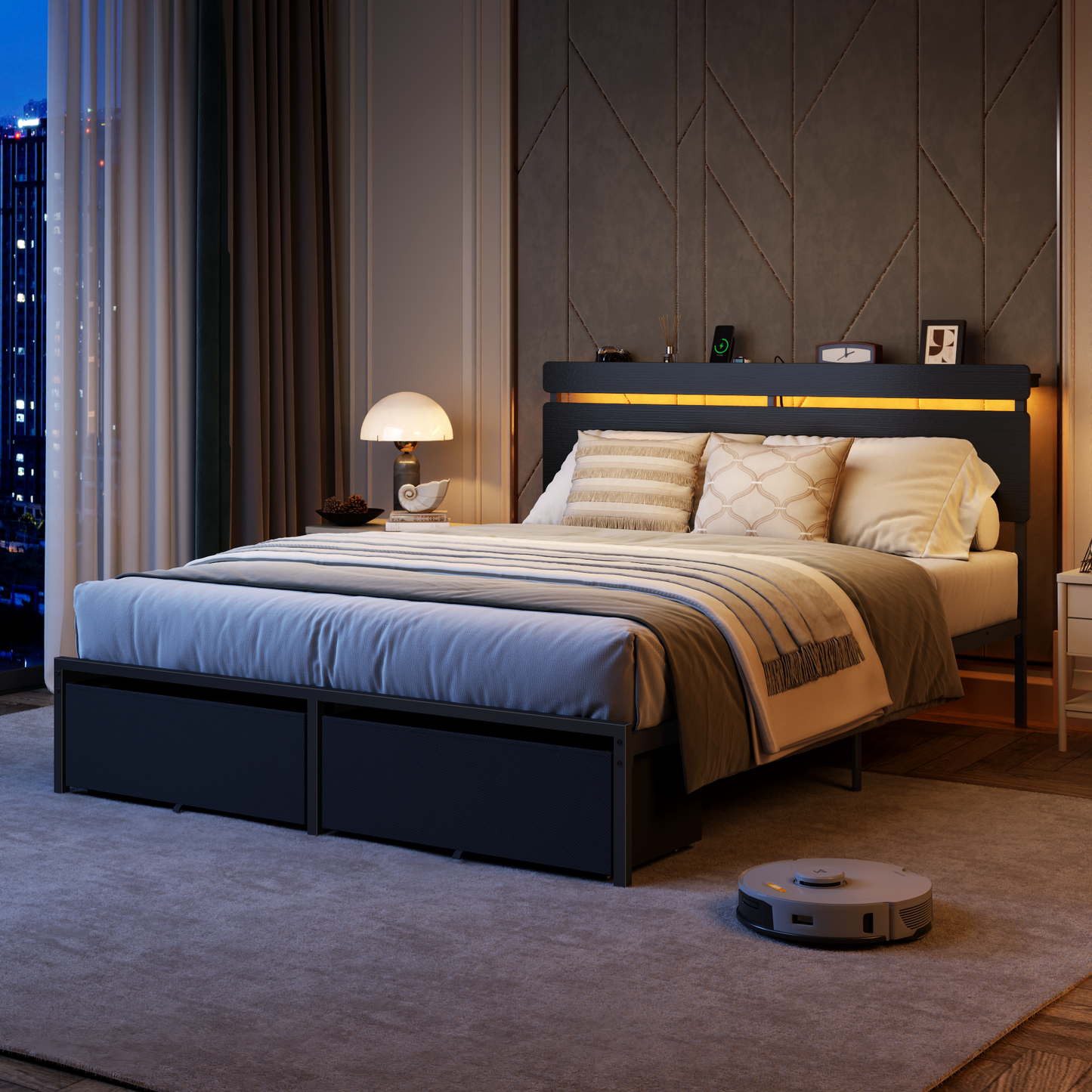 Forestell Full Size Bed Frame with 2 Fabric Storage Drawers, Wood Storage Headboard with Charging Station & LED Light