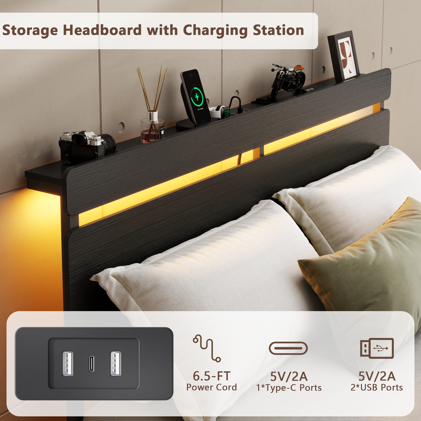 Forestell Full Size Bed Frame with 2 Fabric Storage Drawers, Wood Storage Headboard with Charging Station & LED Light