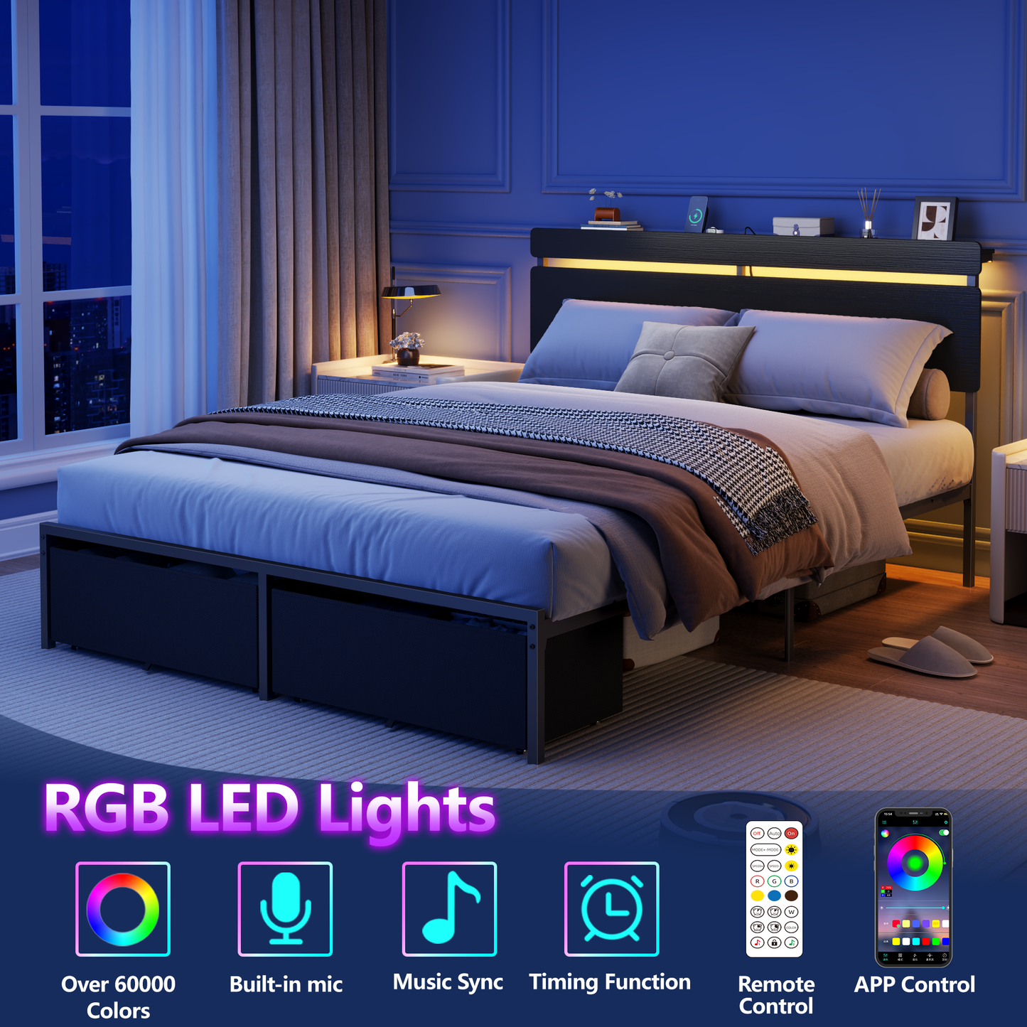 Forestell Full Size Bed Frame with 2 Fabric Storage Drawers, Wood Storage Headboard with Charging Station & LED Light