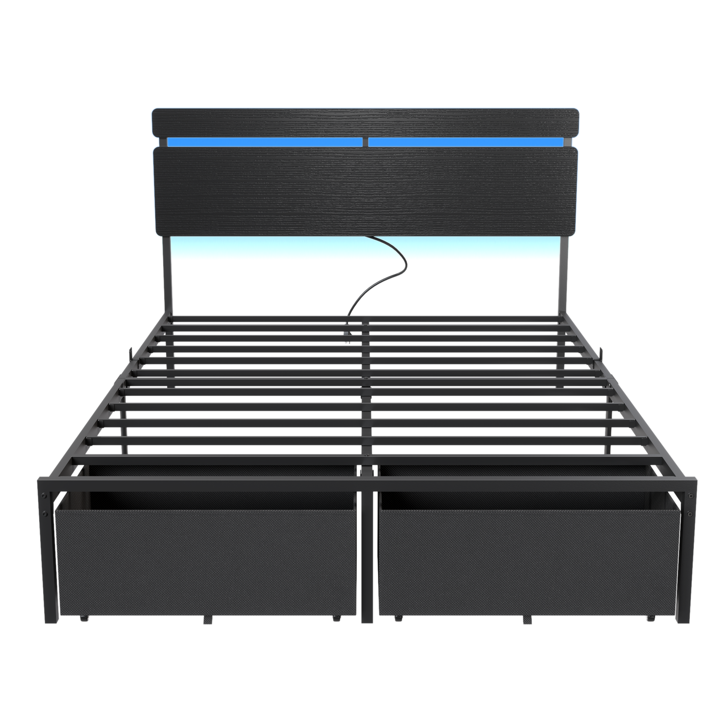 Forestell Full Size Bed Frame with 2 Fabric Storage Drawers, Wood Storage Headboard with Charging Station & LED Light