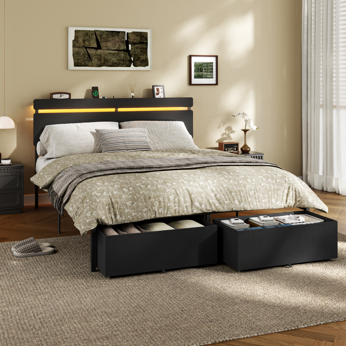 Forestell Full Size Bed Frame with 2 Fabric Storage Drawers, Wood Storage Headboard with Charging Station & LED Light