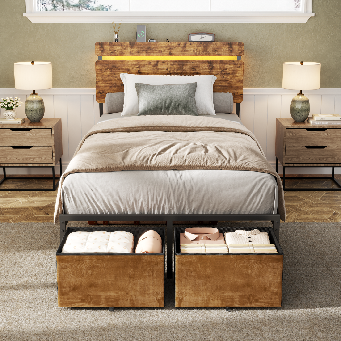 Bed Frames with 2 Fabric Storage Drawers, Wood Storage Headboard with Charging Station & LED Light, All-Metal Support System, No Noise, No Box Spring Needed, Easy Assembly, Retro Brown