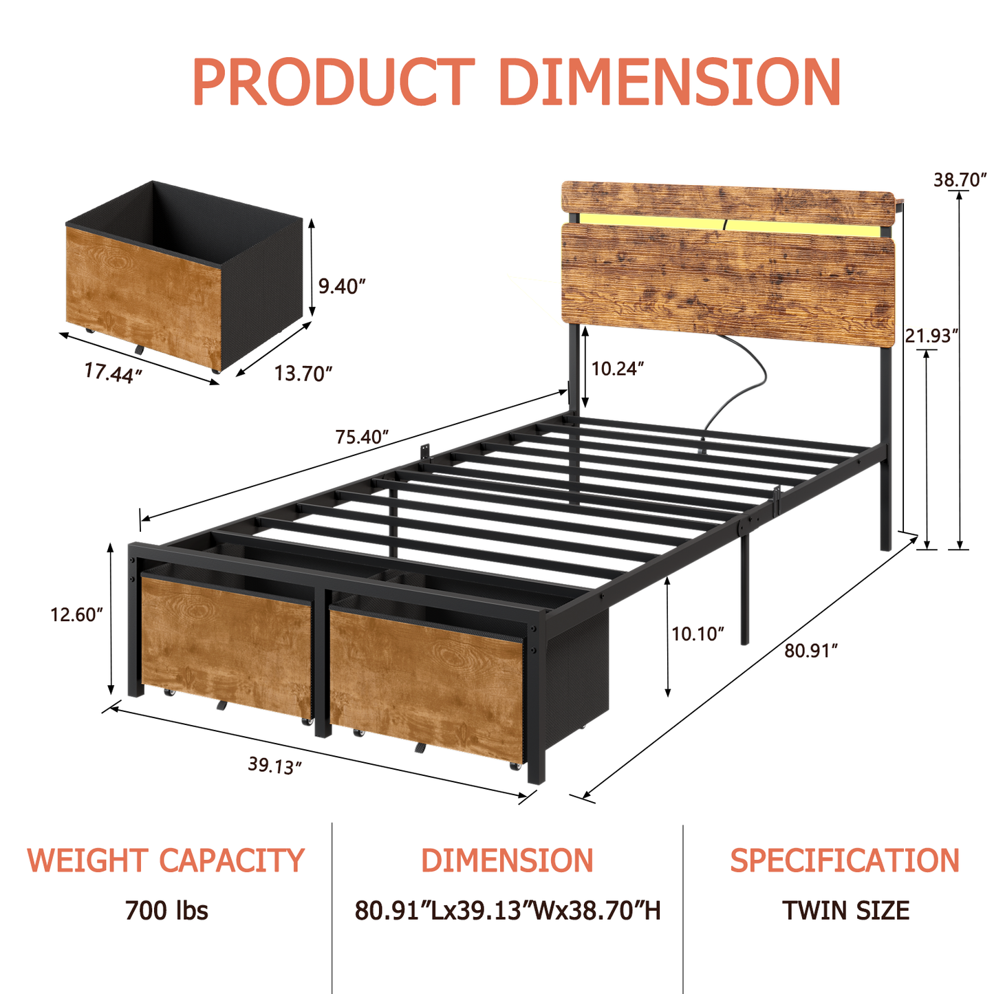 Bed Frames with 2 Fabric Storage Drawers, Wood Storage Headboard with Charging Station & LED Light, All-Metal Support System, No Noise, No Box Spring Needed, Easy Assembly, Retro Brown