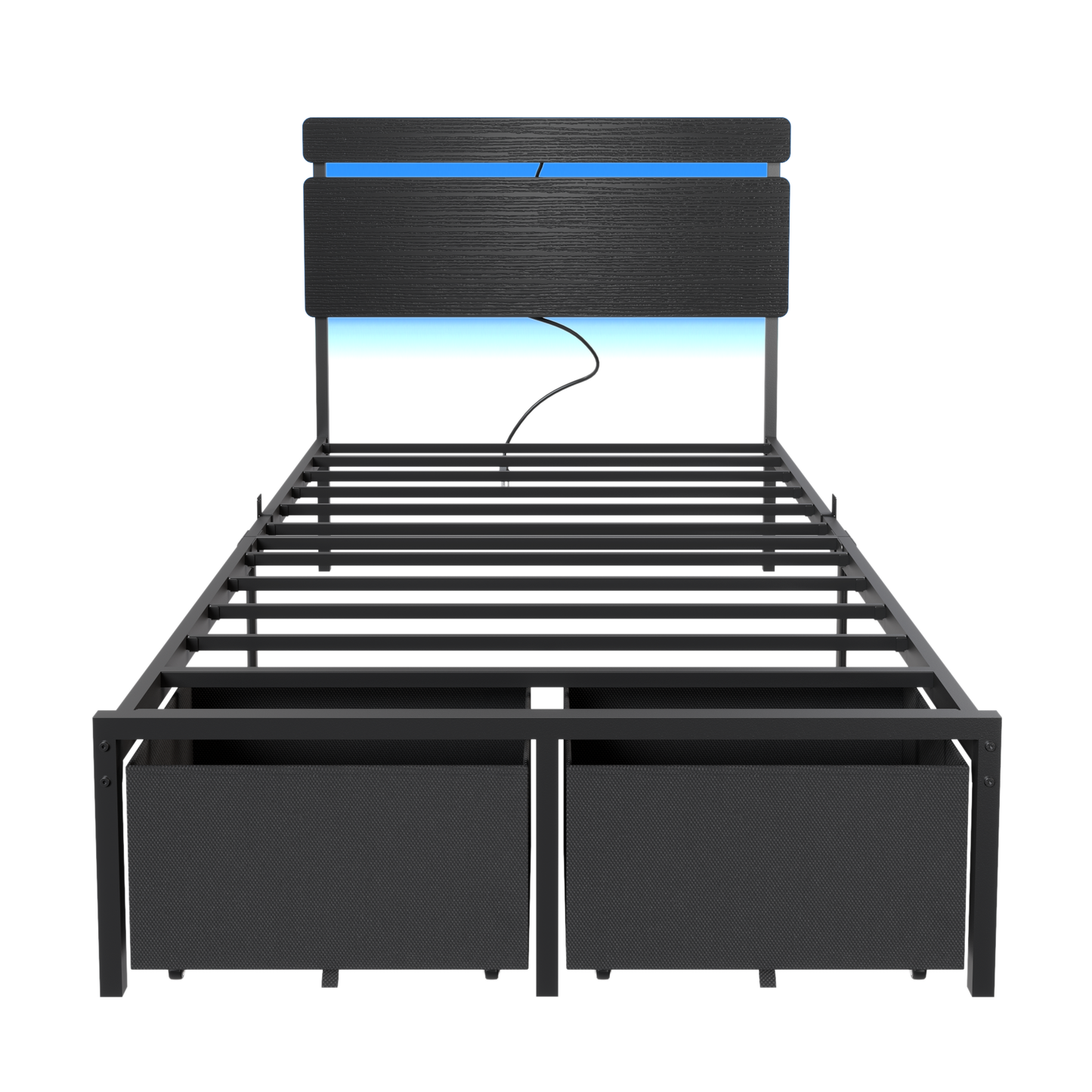 Forestell Full Size Bed Frame with 2 Fabric Storage Drawers, Wood Storage Headboard with Charging Station & LED Light