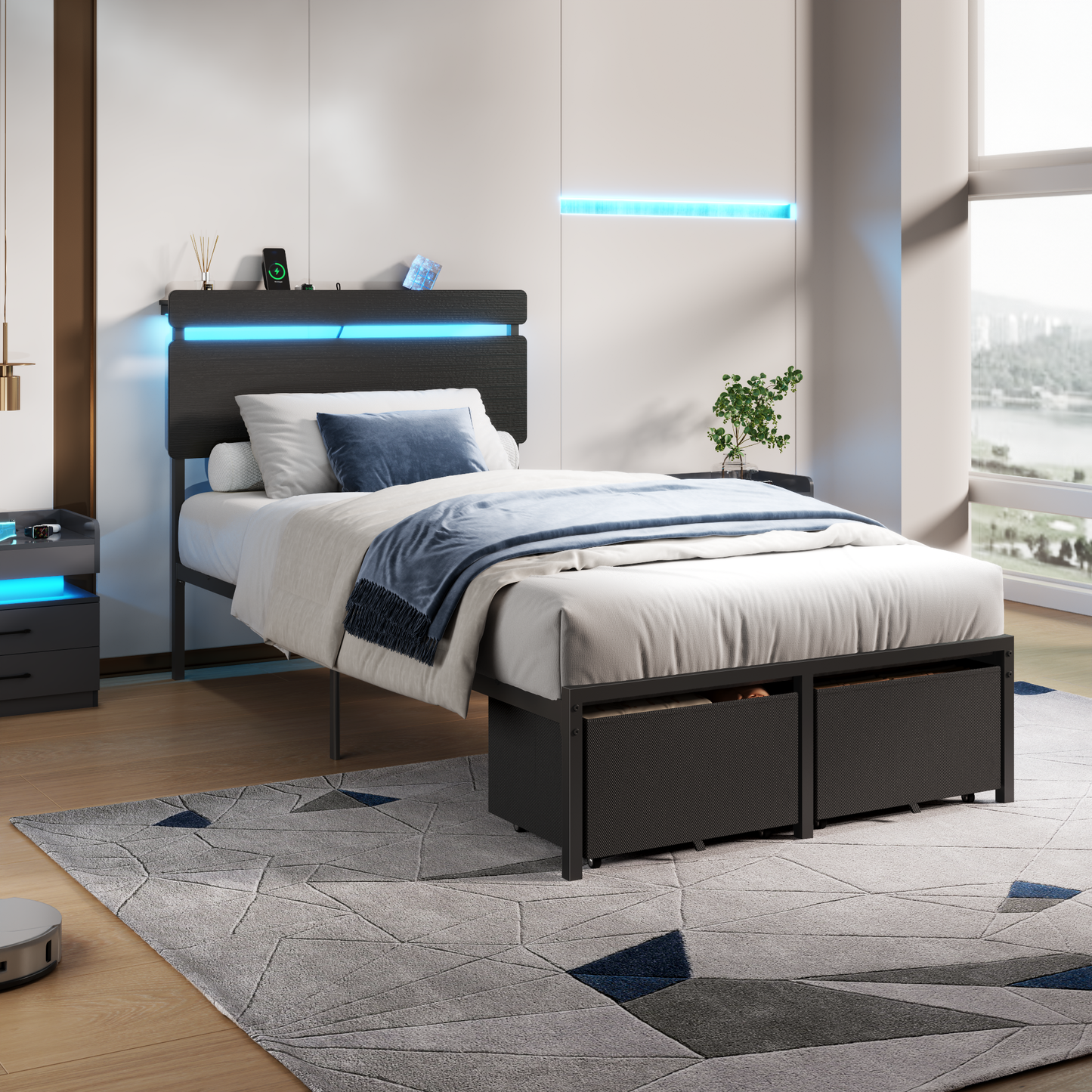 Forestell Full Size Bed Frame with 2 Fabric Storage Drawers, Wood Storage Headboard with Charging Station & LED Light