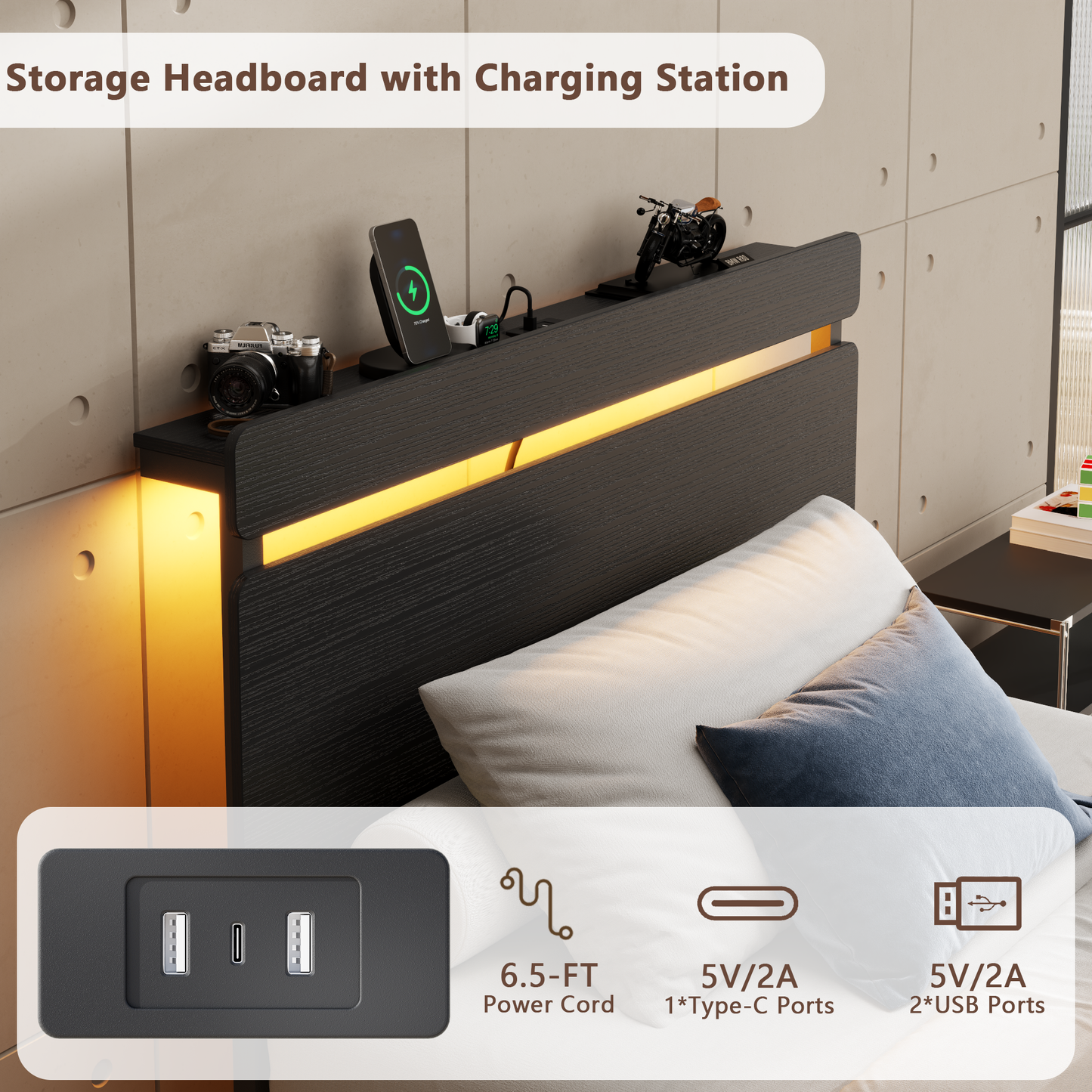 Forestell Full Size Bed Frame with 2 Fabric Storage Drawers, Wood Storage Headboard with Charging Station & LED Light