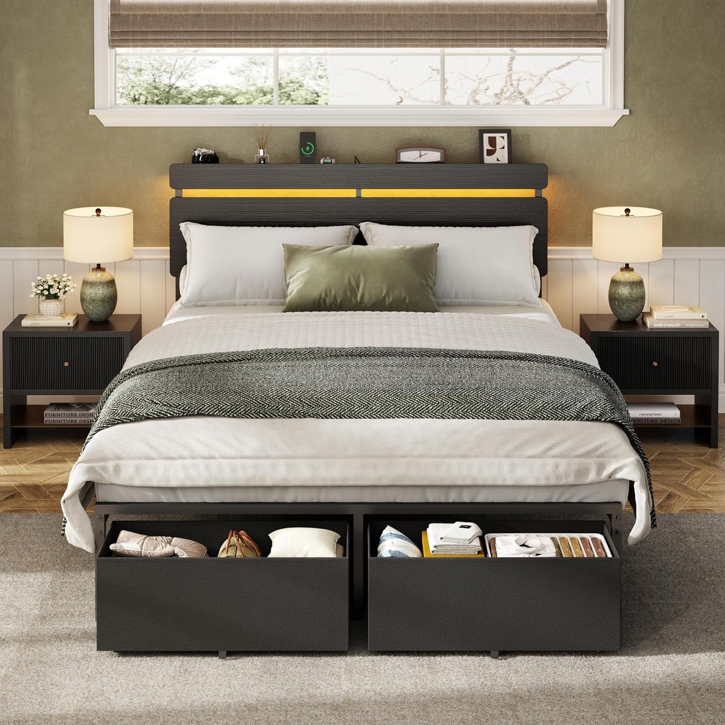 Queen&Full&Twin Bed Frame with 2 Fabric Storage Drawers, Wood Storage Headboard with Charging Station & LED Light, All-Metal Support System, No Noise, No Box Spring Needed, Easy Assembly, Balck